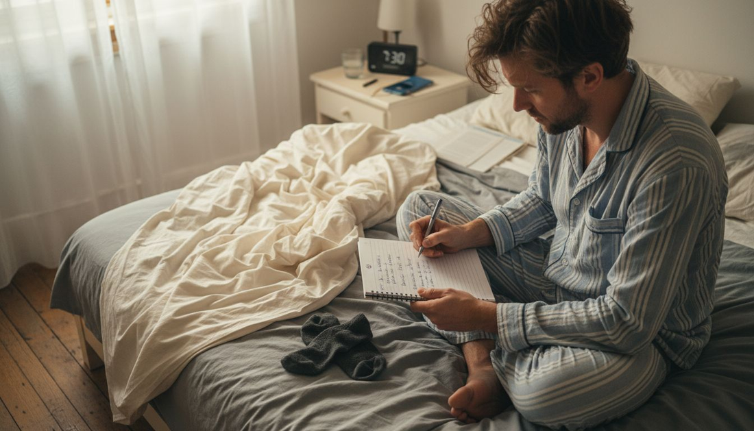 Een man vult zijn slaapgegevens in terwijl hij op bed zit.