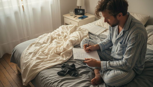 Een man vult zijn slaapgegevens in terwijl hij op bed zit.