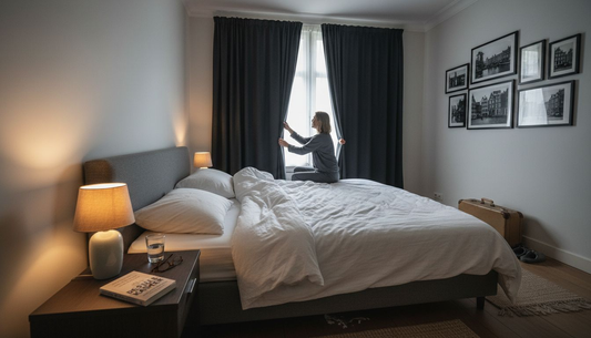 Vrouw komt helemaal tot rust in haar knusse slaapkamer, klaar om lekker te gaan slapen.