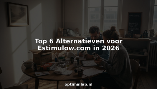 Twee volwassenen zitten thuis aan de keukentafel verschillende potjes voedingssupplementen met elkaar te vergelijken.